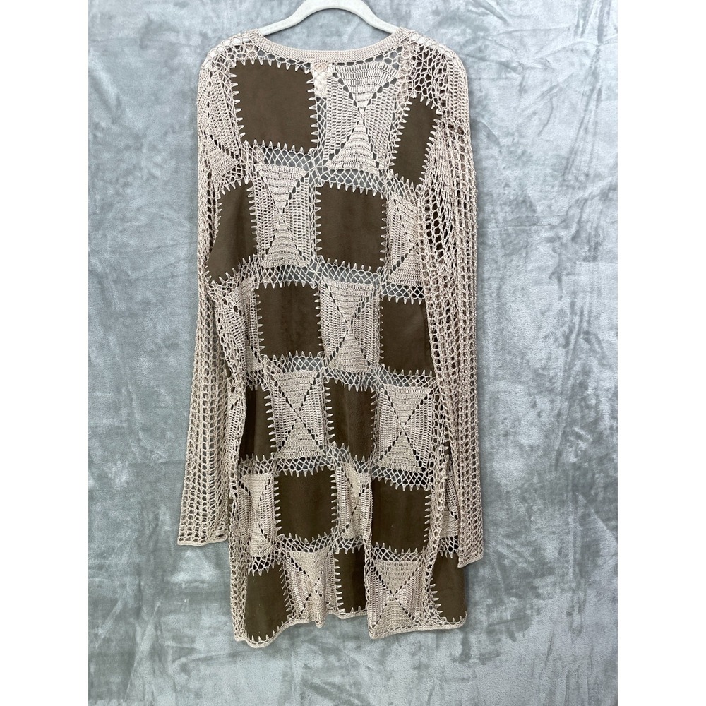 Chicos Crochet Size 3/XL Patchwork Cardigan Longline Faux Suede Beige Brown Boho - Picture 4 of 7